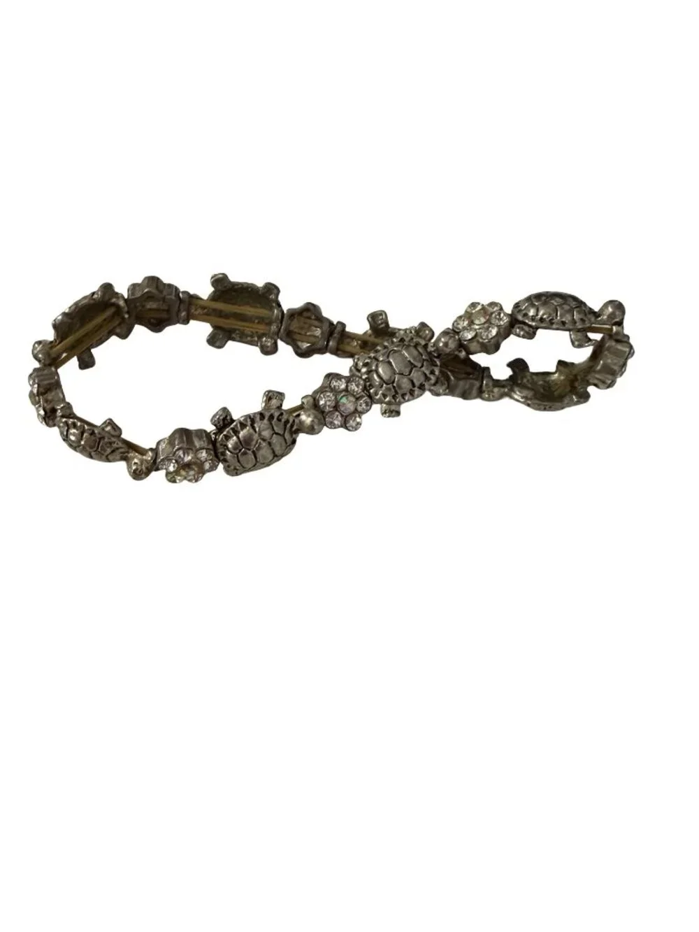 Vintage Silver Tone Sea Turtle Rhinestone Link Bracelet Coastal Ocean Jewelry